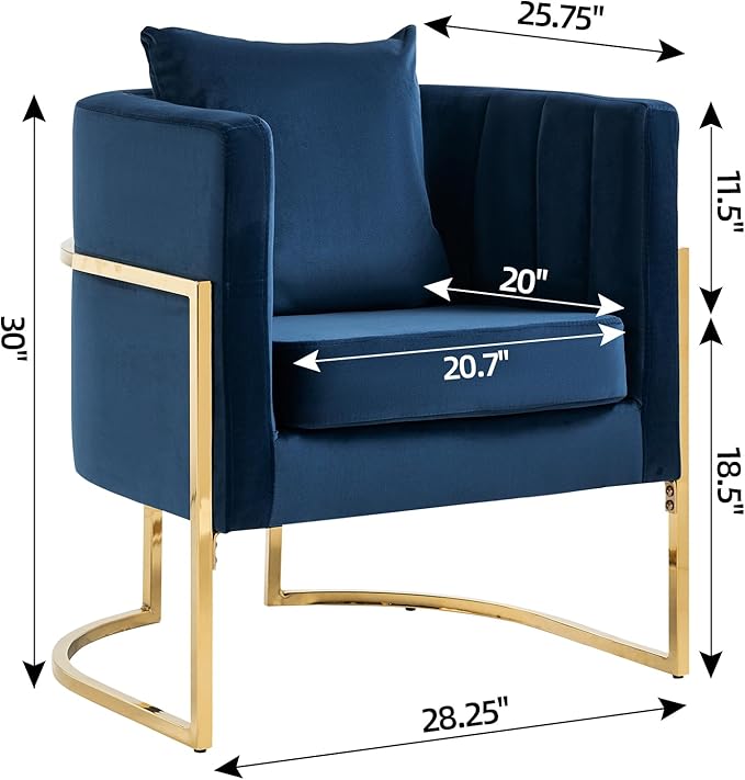 Velvet Modern Accent Chair, Upholstered Barrel Armchair Mid Century with Pillow for Living Room, Comfy Single Vanity Chair with Metal Gold Legs for Bedroom, Blue