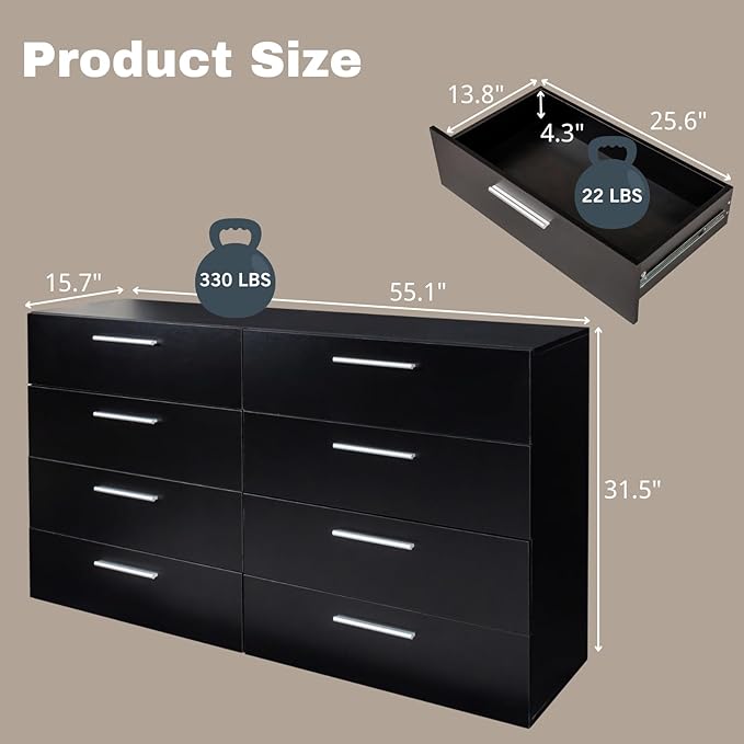Karl home 8 Drawer Dresser, Wood Black Vanity Drawer Cabinet, Bedroom Storage Cabinet TV Stand, Large Dresser Storage Chest with Deep Drawers, Bedroom Furniture，55.1 * 31.5 * 15.7 inches