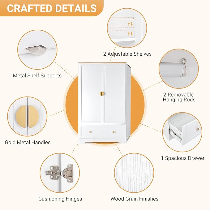 VINGLI 38" Wide Wardrobe Closet, White Armoire Wardrobe with Hanging Rod, Shelves and Drawer, Freestanding Closet Armoire Cabinet,Armoires and Wardrobes with Doors for Bedroom,Dorm,21"D x 38"W x 65"H