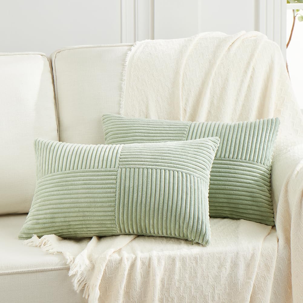 Fancy Homi 2 Packs Sage Green Lumbar Decorative Throw Pillow Covers 20x28 Inch for Living Room Couch Bed, Rustic Farmhouse Boho Home Decor, Soft Striped Corduroy Rectangle Accent Cushion Case 50x70 cm