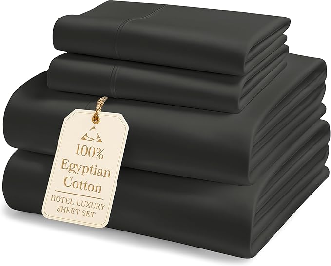 100% Egyptian Cotton Bed Sheets King Size – 1000 Thread Count Naturally Breathable Sheets, 15" Deep Pocket King Sheets, Silky Sateen Weave, Buttery Soft Durable Hotel-Quality Luxury Bedding - Black