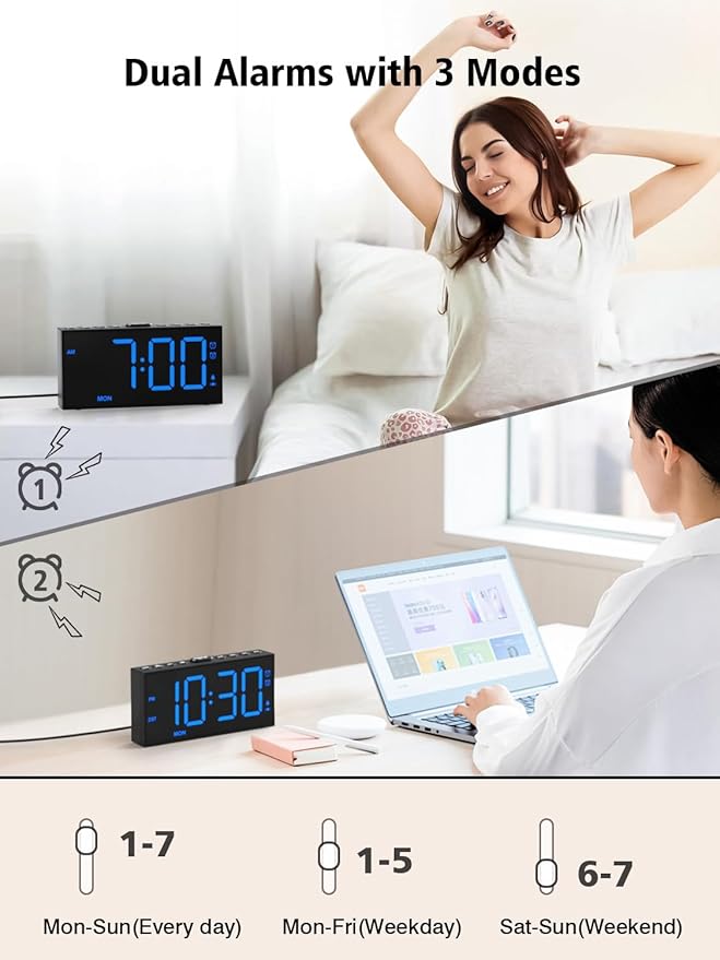 PPLEE Loud Alarm Clock with Bed Shaker,Vibrating Alarm Clock for Heavy Sleepers Hearing-impaired Deaf,2 Alarms 3-level Vibration for Weekday/Everyday Mode,5 Dimmer,5 Volume,Big Number,Power-off Memory