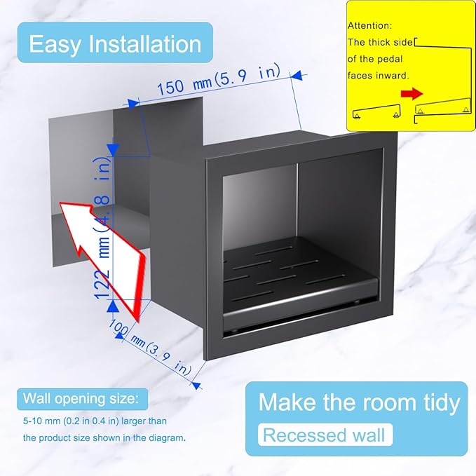 Recessed Wall Soap Holder for Shower Niche,Shower Foot Rest for Shave Legs,Stainless Steel 304 Footrest，Matte Black,5.9 in x 4.8 in x 3.9 in