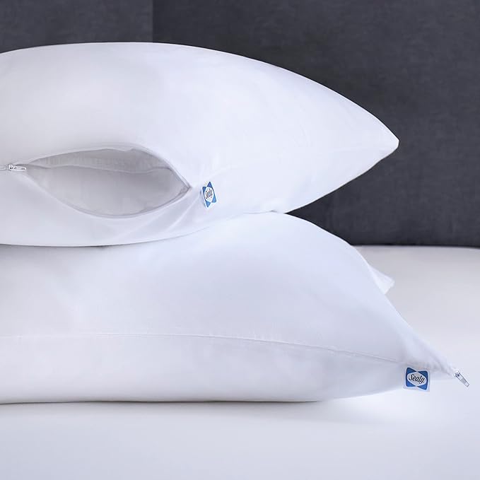 Sealy Performance 100% Cotton Breathable Moisture Wicking Fabric Machine Washable Zippered Pillow Protector, Standard/Queen Size, 2 Pack, White