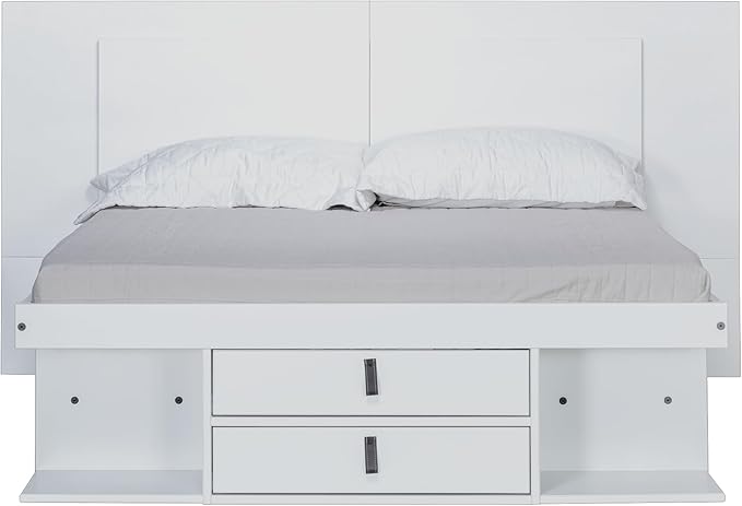memomad Bali Slim Set: Storage Platform Bed with Drawers + Flat Panel Headboard (Full Size, White Wood)