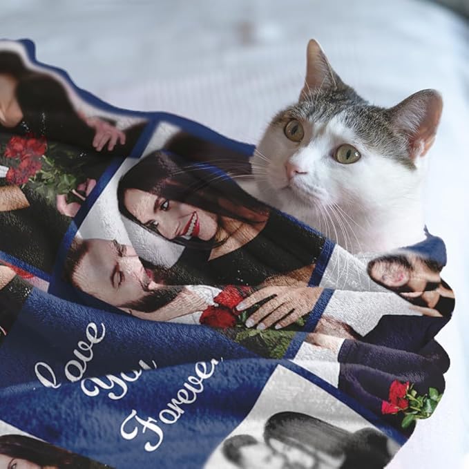 Custom Sherpa Fleece Blanket with Photos & Text - Soft, Warm & Fuzzy Personalized Couples Gifts for Boyfriend & Girlfriend - Customized Picture Blanket for Birthday, Anniversary & Christmas