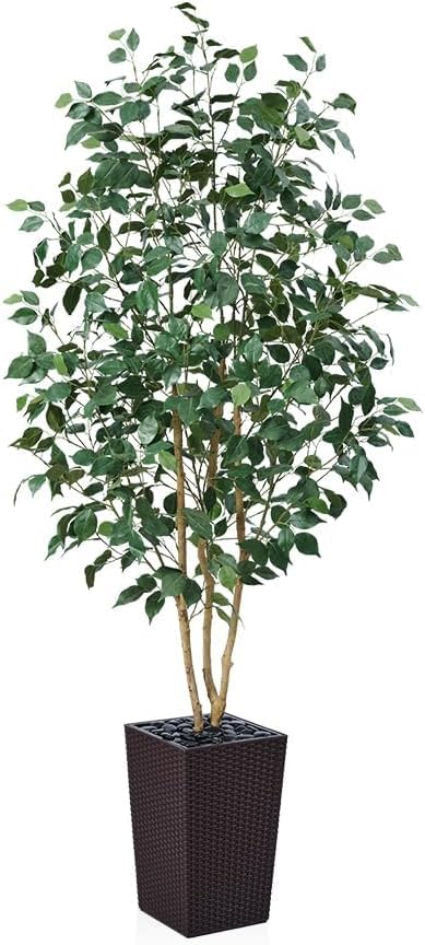 6ft Artificial Ficus Tree,Tall Faux Tree with Silk Leaves & Real Wood Trunk,UV Resistant Potted Fake Plant with Pebbles & Planter-Indoor Outdoor Floor Plant for Home Living Room,VN129