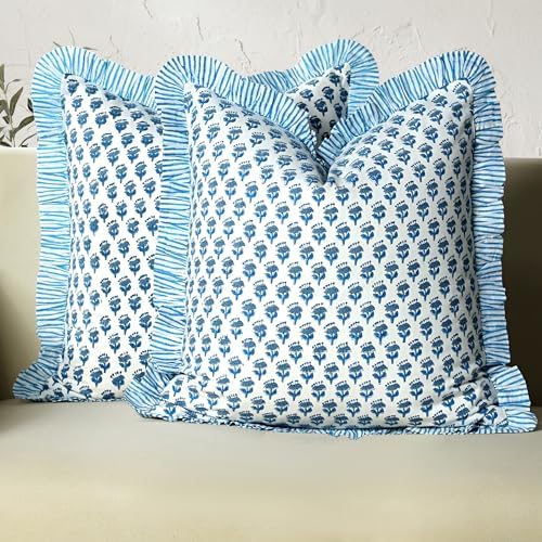 CPC Block Print Ruffle Throw Pillow Cover Apatite Blue 20"x20" by COTTONPRINTCLUB