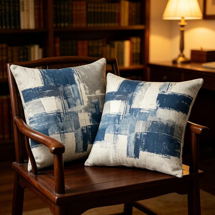 18X18 Inches Abstract Blue Linen Throw Pillow Covers Set of 2 - Image 3