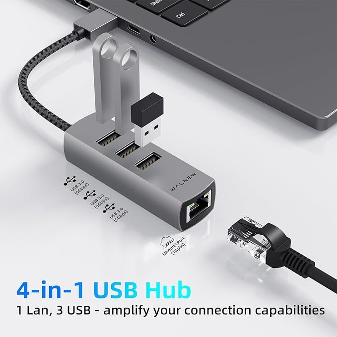 USB-C to Ethernet Adapter, WALNEW USBC to RJ45 LAN Adapter, Gigabit Cat Network Cable Converter to Type C Thunderbolt 3 for Mac,MacBook Pro/Air,Samsung Galaxy Tab (Ehternet+USB-A Port, USB-A)