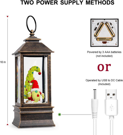 10'' Christmas Gnomes Snow Globe Lantern Lighted Santa Elf Musical Water Lantern Swirling Glittering Home Decoration and Gift, Battery Operated or USB Powered