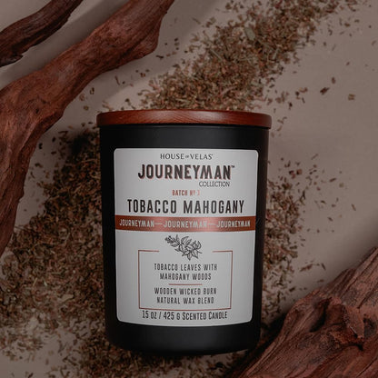 Journeyman Collection Candle, 15oz, Wooden Wick, Tobacco Mahogany, Large Painted Jar