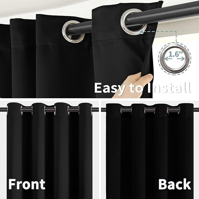 BGment 100% Blackout Curtains 108 Inch Long 2 Panles Set, Thermal Insulated Total Light Locking Soundproof Grommet Curtains & Drapes for Living Room with Black Liner, 52 Inch Wide Each, Black