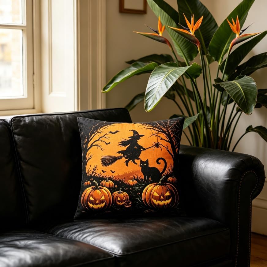 Halloween Throw Pillow Covers, Witch and Black Cat Design, 18x18 Inch, - Image 2