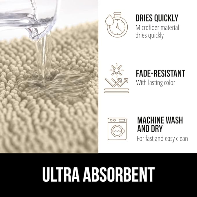 GORILLA GRIP Bath Rug Mat, Thick Soft Absorbent Chenille, Quick Dry Microfiber Mats, Rubber Backing Washable Shower Floor Rugs, Bathmat Runner, US Designed Bathroom Home Decor Accessories 24x17, Sand