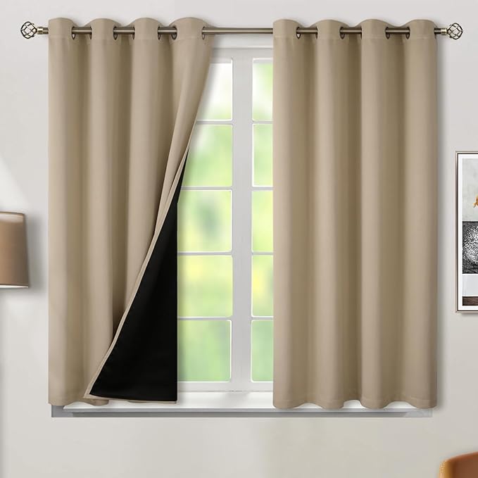BGment Short 100% Blackout Curtains for Bedroom, Thermal Insulated Energy Efficiency Noise Reducing Grommet Curtains 54 Inch Length with Liner for Small Window 2 Panels Each 52 Inch Wide, Sand