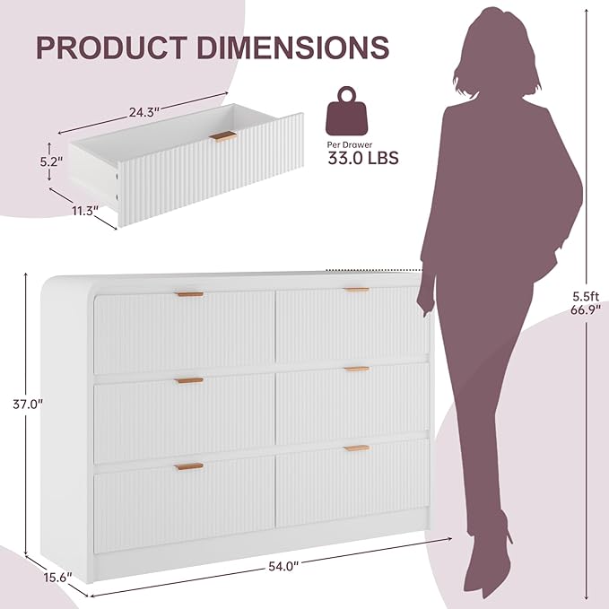 FURSUN Fluted 6 Drawers Dresser for Bedroom, 54" Wide Wooden Dresser with Metal Handle, Curved Profile Design, Modern Storage Organizer for Bedroom, Living Room, Hallway, White