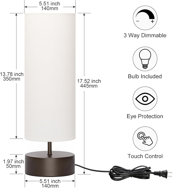 3 Way Dimmable Touch Control Table Lamp, Bedside Table Lamp with Dark Brown Base, Modern Nightstand Lamp with Beige Shade, Simple Night Light for Bedroom Living Room Home Office, 9W LED Bulb Included