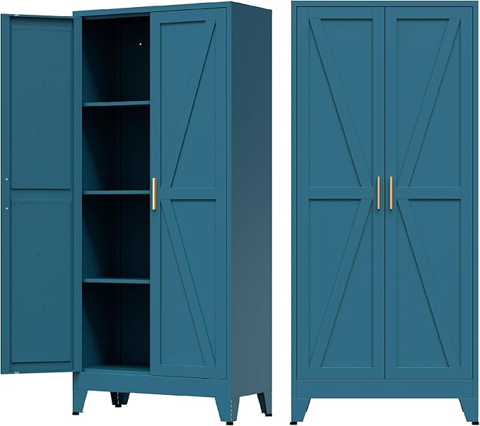 COFaR Home Farmhouse Storage Cabinet with 2 Barn Door, Tall Kitchen Pantry Cupboard with 3 Adjustable Shelves, for Dining Room, Bathroom, Living Room (Blue Green, 61" Farmhouse)