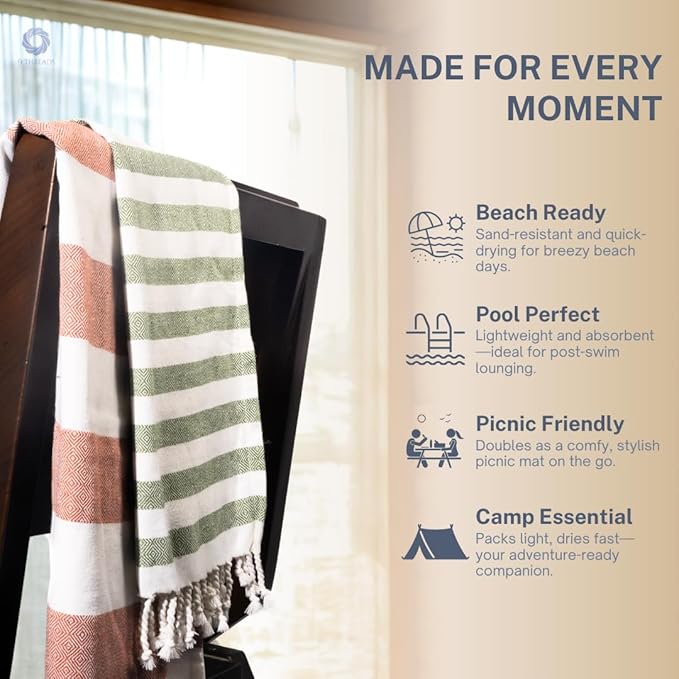 Cotton Turkish Beach Towel with Towels Oversized 36"x72" Pool Absorbent Extra Large Quick Dry Sand Travel Towel (Kavee Mist, 2 Pack)