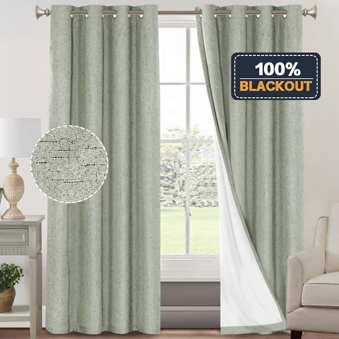 PrinceDeco 100% Blackout Curtains for Bedroom Linen Black Out Curtains for Living Room 96 Inch Long Faux Linen Fabric Grommet Thermal Curtains for Summer Heat with White Liner,52X96 Inch,Sage