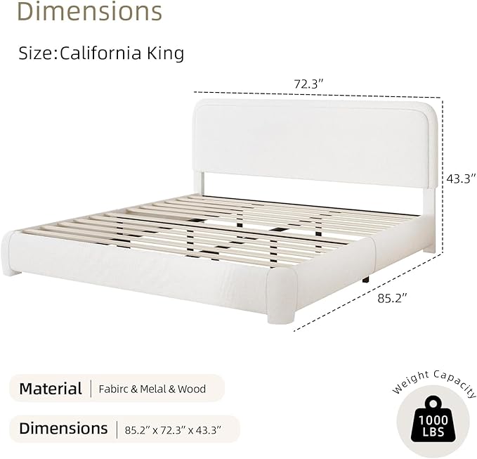BarnFurin Boucle Upholstered California King Bed Frame/Soft Rounded Corners Headboard/Low Profile Bed Frame/No Box Spring Needed/White