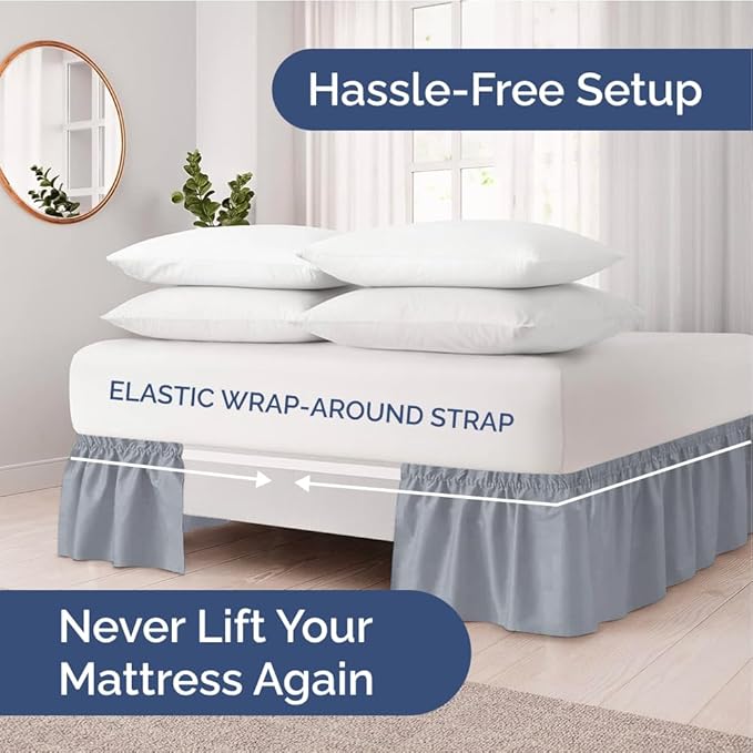 Wrap Around Dust Ruffle Bed Skirt - Steel Blue - Twin/Twin XL Size Beds w/ 12 Inch Drop - Easy Fit Elastic - Adjustable Pleated Bedskirt w/Brushed Fabric - Wrinkle Free, Women, Men, Kids & Teens
