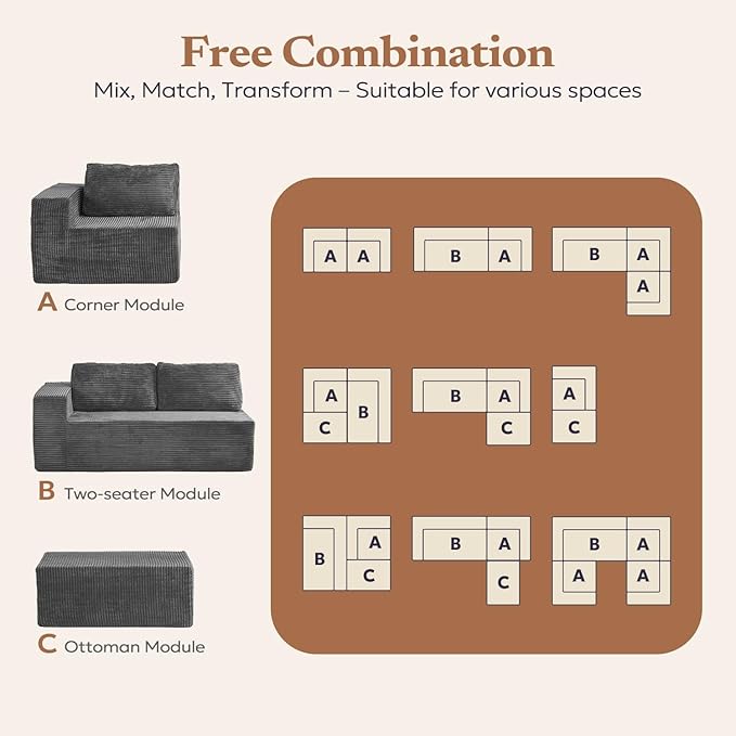 106" Modular Sectional Sofa with L-Shape Chaise, Right/Left Facing Deep Seat Cloud Couch, No Assembly Required, Upholstered Couch for Living Room Bedroom (Plush Corduroy Fabric, Grey)