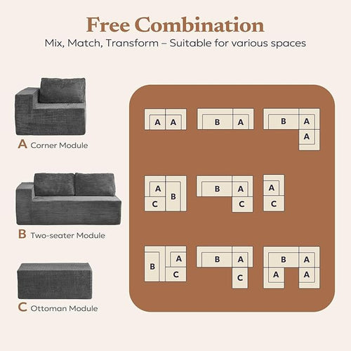 106" 3-Seater Sofa, Cloud Modular Sofa with Certified Foam, Upholstered Floor Sofa with Deep Seat, Upholstered Sofa for Bedroom Living Room, No Assembly Required (Plush Corduroy Fabric, Grey)