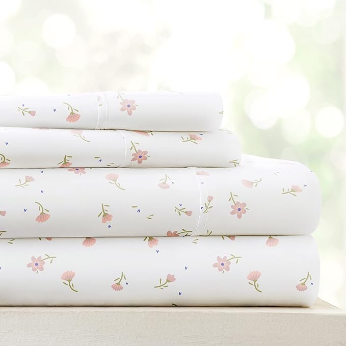 Linen Market Patterned Microfiber King Sheet Set 4 Piece – Oeko-TEX Certified Ultra Soft & Wrinkle-Free - 16" Deep Pocket Sheets - Easy Care King Size - Soft Floral Pink