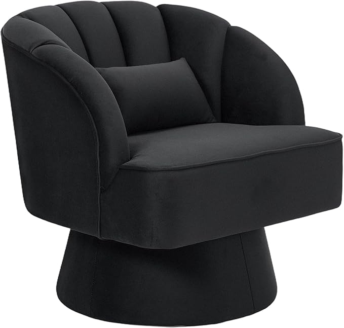 GarveeHome Modern Swivel Barrel Accent Chair, 360 Degree Velvet Upholstered Armchair with Striped Backrest & Plush Padding, Comfy Round Lounge Chair for Living Room, Bedroom, Reading Nook, Black