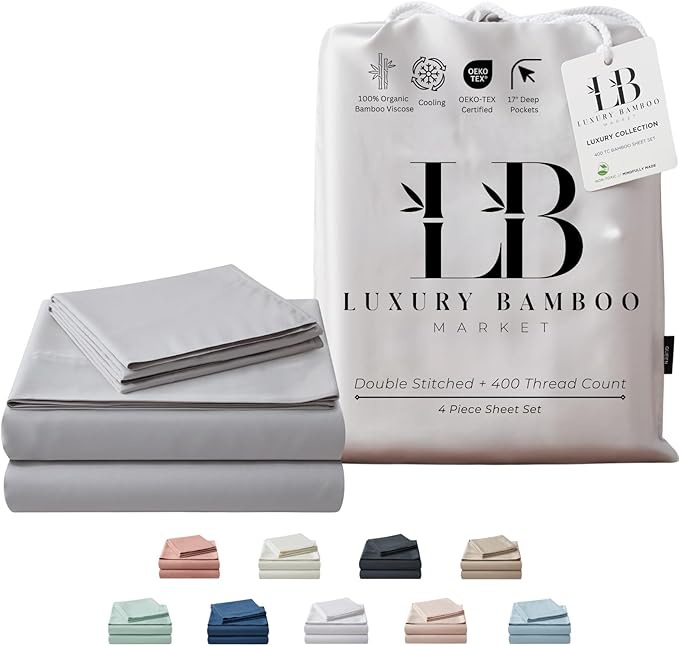 Luxury Bamboo Market | Queen Size Bed Sheet Set | 100% Viscose Made from Bamboo | Organically Grown | Ultra Soft | Cooling Sheets for Hot Sleepers | 17" Deep Pocket [Dove Grey]