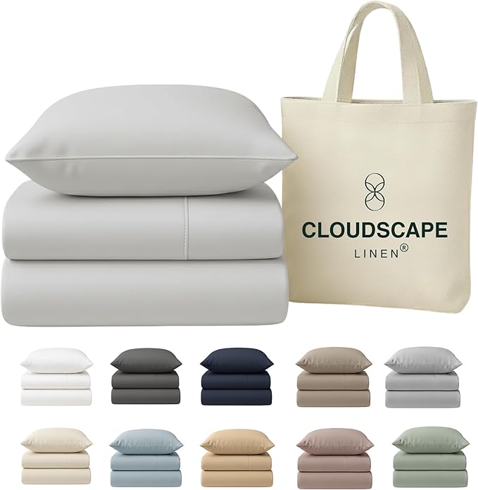 Cloud Scape Linen 100% Egyptian Cotton Sheets Twin Size, 3 Pieces Luxury Bedding Set, 400 Thread Count,Hotel Quality, Silky Soft, Breathable and Durable, Deep Pockets up to 15, Light Grey