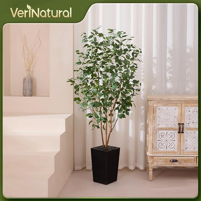6ft Artificial Ficus Tree,Tall Faux Tree with Silk Leaves & Real Wood Trunk,UV Resistant Potted Fake Plant with Pebbles & Planter-Indoor Outdoor Floor Plant for Home Living Room,VN129