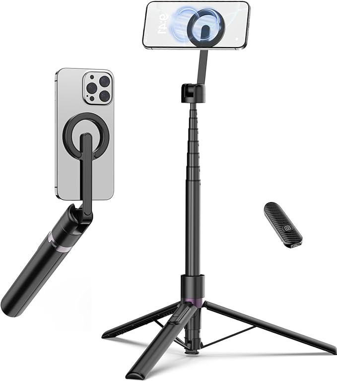 68" Magnetic Selfie Stick Tripod with Rechargeable Detachable Remote for Magsafe, Portable Small Extendable Phone Stand Tripods with Metal Ring, 360° Rotation for Vlog/Live Stream/Travel/Black