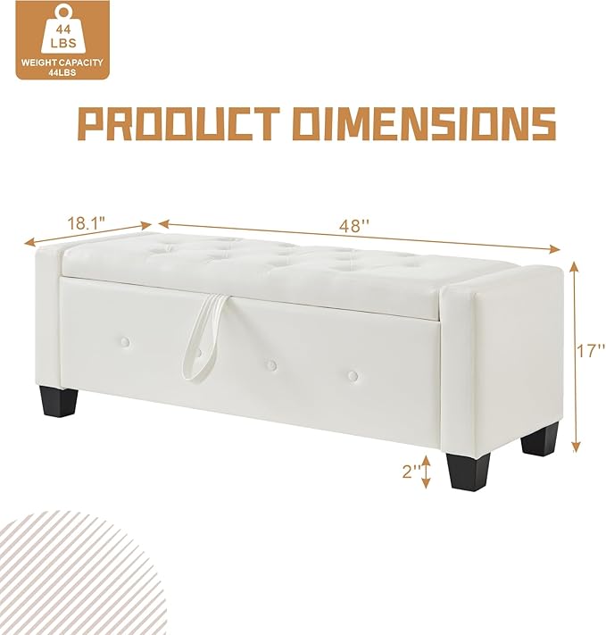 48” Storage Ottoman Bench, Upholstered Button-Tufted End of Bed Bench with Soft-Close Hinge & Solid Wood Legs, Foot Rest for Living Room, Bedroom, Hallway (Faux Leather, White)