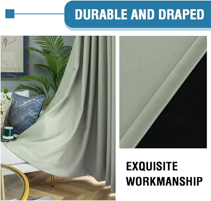 H.VERSAILTEX 100% Blackout Curtains for Bedroom Thermal Insulated Blackout Curtains 96 Inches Long Rod Pocket/Clip Rings Curtains for Living Room with Black Liner 2 Panels, Light Sage