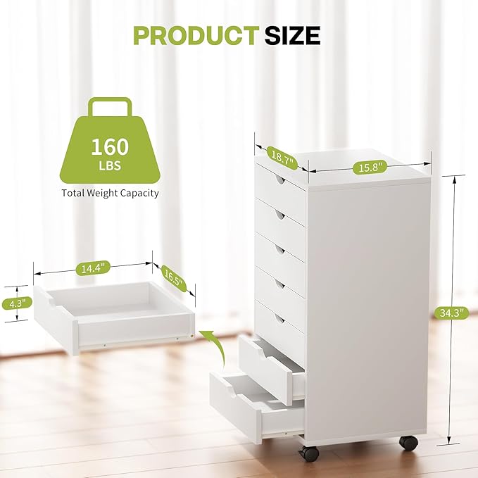 7 Drawer Chest, Dressers Storage Cabinets, Dresser Mobile Cabinet with Wheels, Drawers Organization Furniture for Office, Home, White