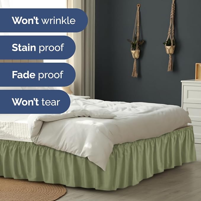 Wrap Around Dust Ruffle Bed Skirt - Sage Green - for Twin Size Beds w/ 14 Inch Drop - Easy Fit Elastic Strap - Adjustable Pleated Bedskirt with Brushed Fabric, Wrinkle Free Women, Men, Kids and Teens