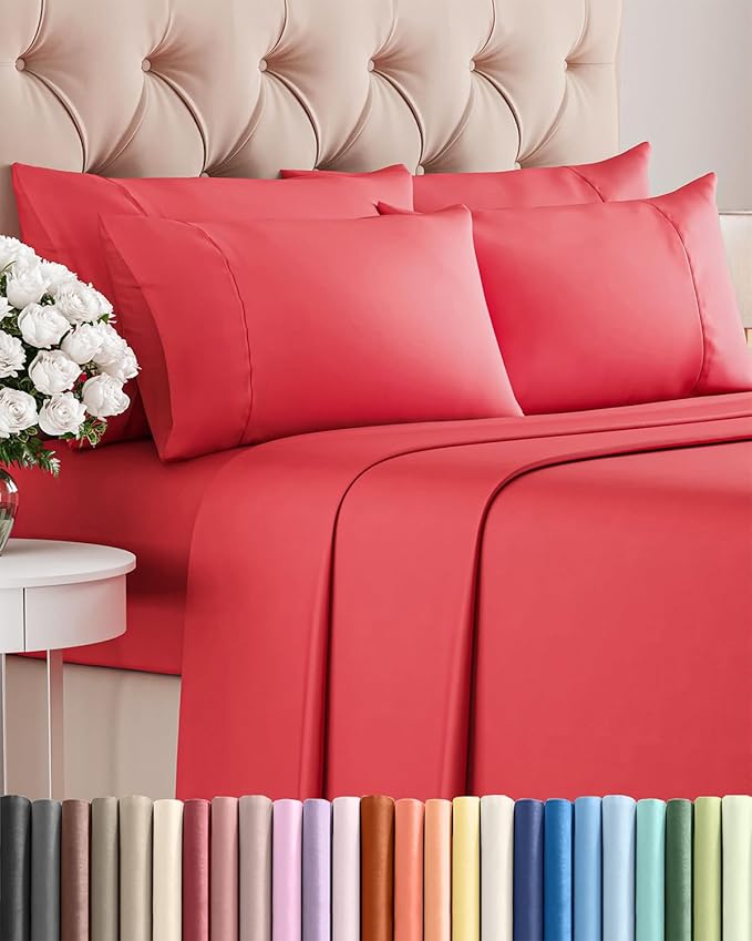 Full 6 Piece Sheet Set - Cooling, Comfy & Breathable - Hotel Luxury Bedding - Includes Fitted Sheet for Women, Men, Kids and Teens - 1 Flat, 1 Fitted Sheet, 4 Pillowcases with Deep Pockets - Red