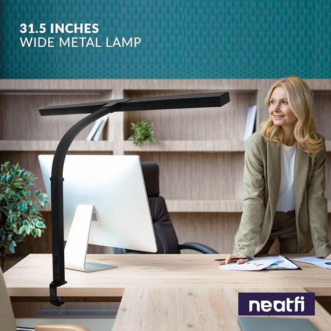 Neatfi 3000 Lumens Flex LED Desk Lamp with Clamp, Dimmable, 5 Adjustable Brightness Levels & 5 Light Modes, Memory Function, Eye-Caring & Flexible Lamp for Home & Office (31.5 Inches, Black)