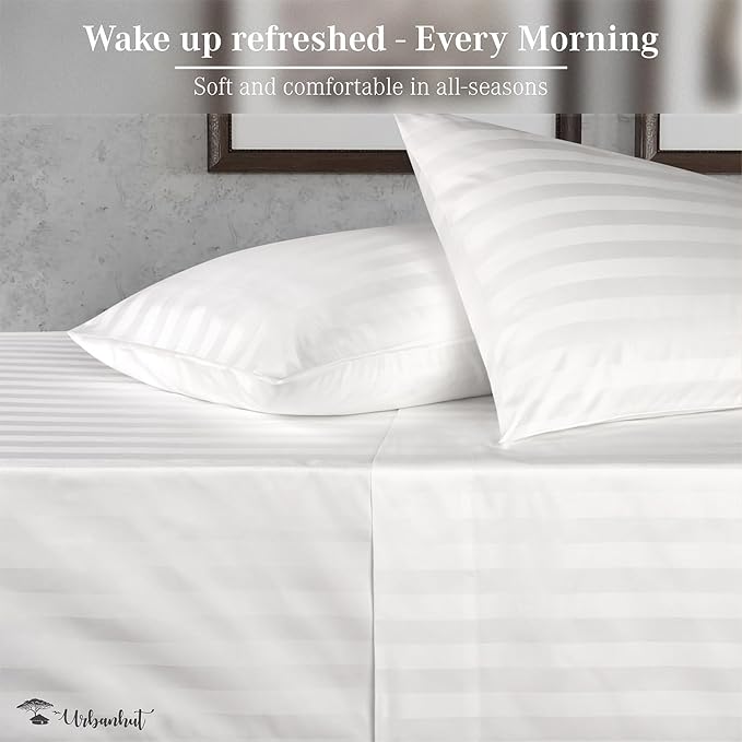 URBANHUT 800 Thread Count 100% Cotton Damask Queen Size Sheets, 4 Piece Striped Queen Size Bedsheets, Luxury Hotel Sheets Sateen Weave - Better Than Egyptian, 16" Elasticized Deep Pocket- White