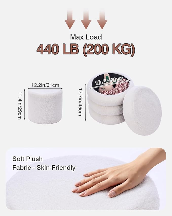 Round Set of 2 Sherpa Storage Ottoman Stool Boucle Vanity Stool Footstool with Removeable lid Load up to 440 lbs for Livingroom Bedroom White UASND68W
