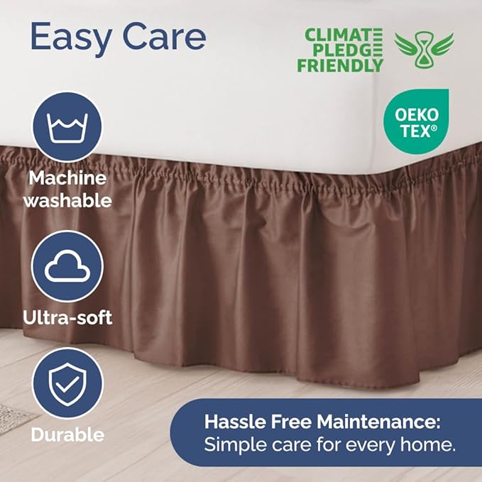 Wrap Around Dust Ruffle Bed Skirt - Brown - for Full Size Beds with 12 Inch Drop - Easy Fit Elastic Strap - Adjustable Pleated Bedskirt w/Brushed Fabric - Wrinkle Free - for Women, Men, Kids & Teens