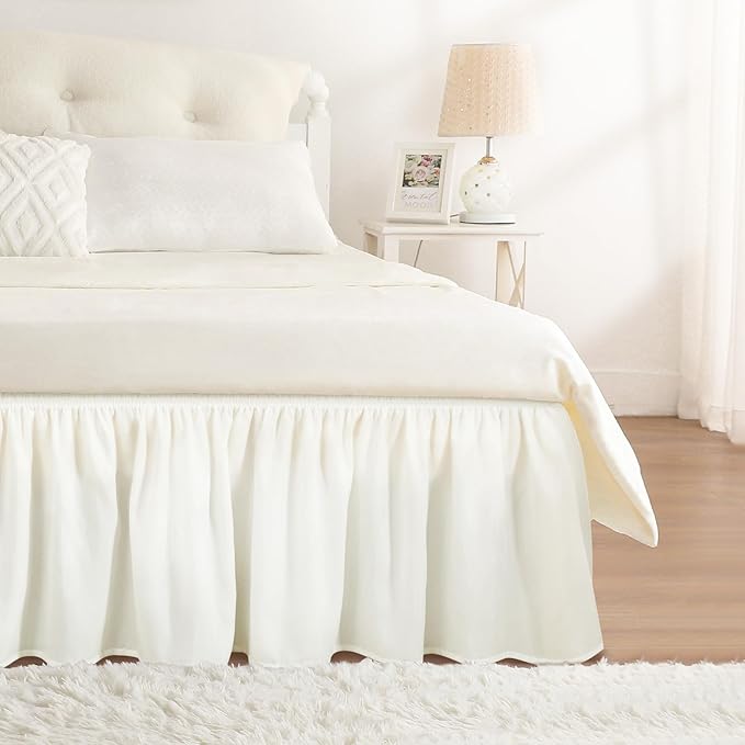 RIMELA Warm White Bed Skirt King Size 12 Inch Drop, Wrap Around Elastic Adjustable Bedskirt, Bed skirting Dust Ruffle for Bed Frame & Box Spring Soft Durable Fabric Machine Washable Easy to Install