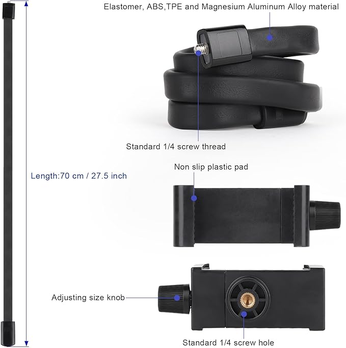 Portable Flexible Cell Phone Holder Stand for Treadmill/Stroller/Elliptical/Car/Bike/Shopping Cart,Compatible with 3.5~7.5" iPhone/Smartphone, 27.5 inch/70cm Long Arm for Cellphone