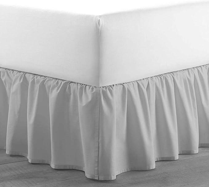 Light Grey Solid Ruffled Bed Skirt Full-XL-15 Inch Drop Split Corner, Microfiber Bedskirt with Platform Three Sided Coverage