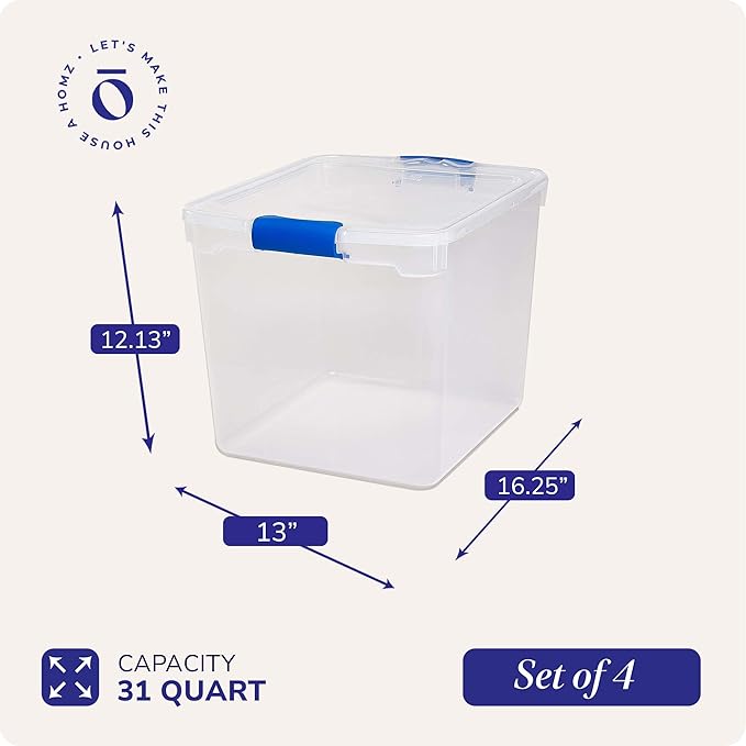 HOMZ 4-Pack 31 Quart Latching Lid, Clear Plastic Storage Organizer Bins, Blue – Stackable Containers for Home & Office Shelves, Kitchen, Garage, and Bathroom Organization