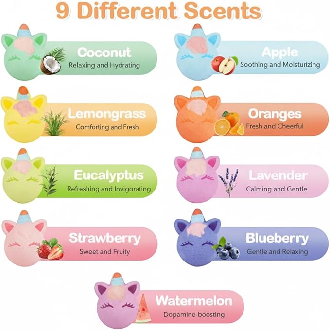 Unicorn Bath Bomb Gift Set 9 Packs for Girls and Boys, Handmade and Nature Bath Bombs with Surprise for Kids, Perfect for Bubble Bath, Christmas Birthday Gifts for Kids Toddler Women