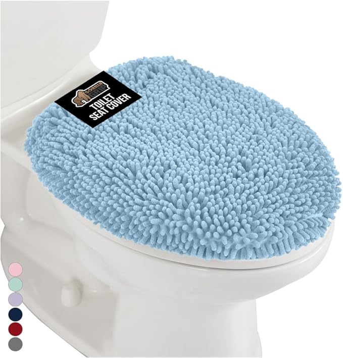 GORILLA GRIP Soft Chenille Bathroom Toilet Lid Cover, Machine Washable Seat Covers, 19.5x18.5, Stays in Place Rubber Backing, Fits Most Round, Elongated and Oblong Lids, Accessories Decor, Light Blue